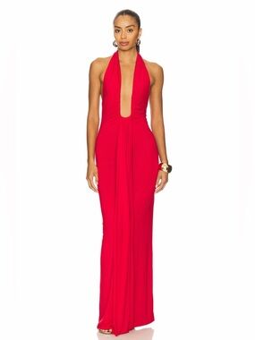 Lovers and Friends Red Antoinette Backless Plunge Neck Halter Cocktail Gown XS